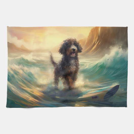 Bernedoodle Strand Surfen Schilderij Theedoek (Horizontaal)