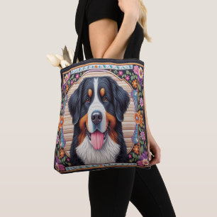 Berner Berghond Bloemen Kleurrijke Rand Draagtas