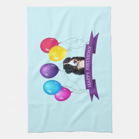 Berner Berghond Gelukkige Verjaardag Theedoek (Verticaal)