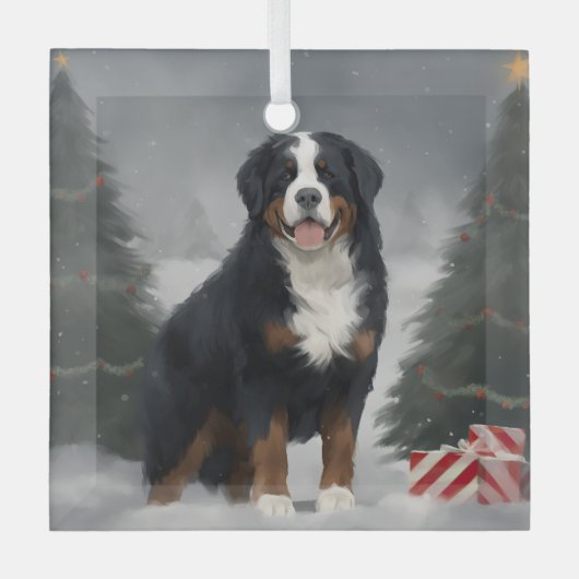 Berner Berghond in Sneeuw Kerstmis Glas Ornament (Voorkant)