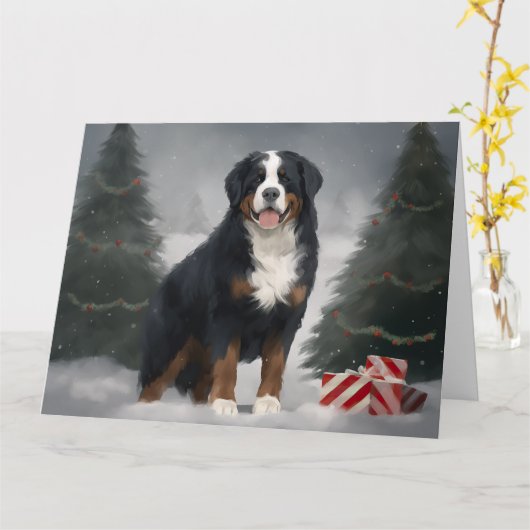 Berner Berghond in Sneeuw Kerstmis Kaart (Gele Bloem)