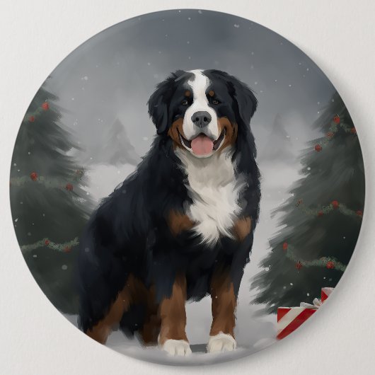 Berner Berghond in Sneeuw Kerstmis Ronde Button 6,0 Cm (Voorkant)