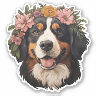 Berner Berghond met Bloemen Sticker