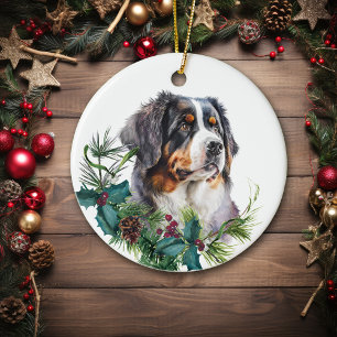 Berner Mountain Dog Portret Holly krans Keramisch Ornament