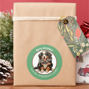 Berner Mountain Dog Pup in Winter Sjaal Kerstmis Ronde Sticker