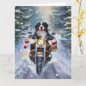 Berner Mountain Dog Riding Motorfiets Kerstmis Kaart (Gele Bloem)