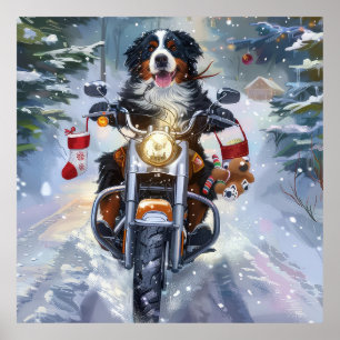 Berner Mountain Dog Riding Motorfiets Kerstmis Poster