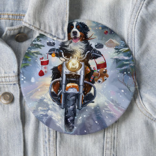 Berner Mountain Dog Riding Motorfiets Kerstmis Ronde Button 6,0 Cm