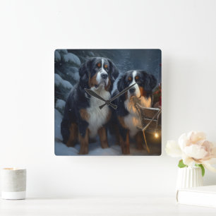 Berner Sennenhond Besneeuwde slee Kerstdecoratie Vierkante Klok