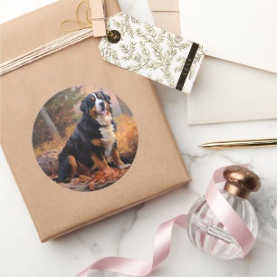 Berner Sennenhond in de herfst, vallende bladeren Ronde Sticker