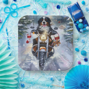 Berner Sennenhond rijdt op een motorfiets met Kers Papieren Bordje