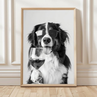 Bernese Berghond en wijn muur kunst, Zwart en Poster