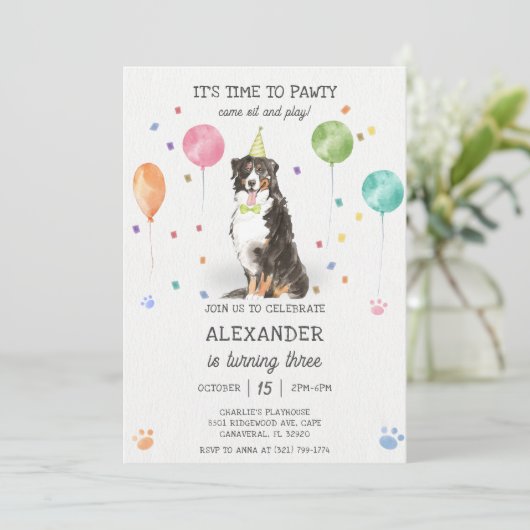 Bernese Berghond Pawty Puppy Verjaardag Roze Kaart (Staand voorkant)