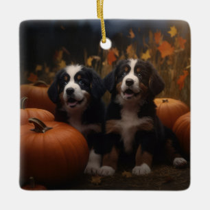 Bernese Berghond Puppy Herfst Plezier Pompoen Keramisch Ornament