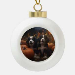 Bernese Berghond Puppy Herfst Plezier Pompoen Keramische Bal Ornament