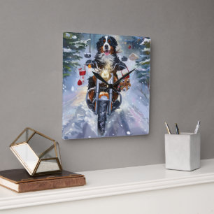Bernese Berghond rijdt op een motorfiets met Kerst Vierkante Klok