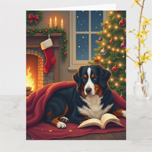 Bernese Mountain Dog Christmas Bedtime Story Kaart (Gele Bloem)