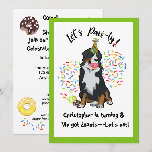 Bernese Mountain Dog Donut Birthday Party Invite Kaart (Voorkant / Achterkant)