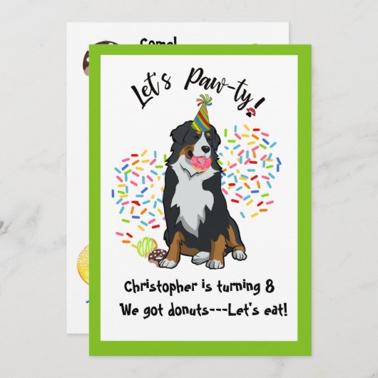 Bernese Mountain Dog Donut Invitation de fête d'an (Devant / Derrière)