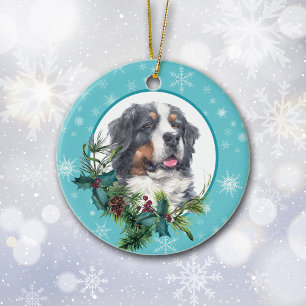 Bernese Mountain Dog Evergreen Snowflake Border Keramisch Ornament