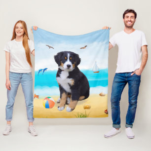 Bernese Mountain Dog over Beach Fleece Deken