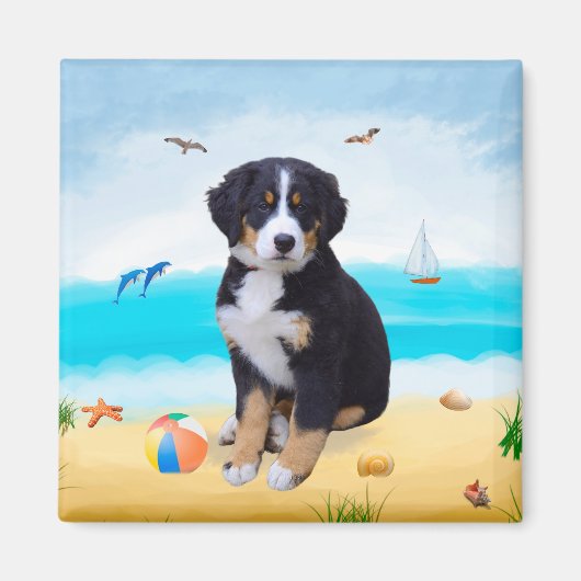 Bernese Mountain Dog over Beach Magneet (Voorkant)
