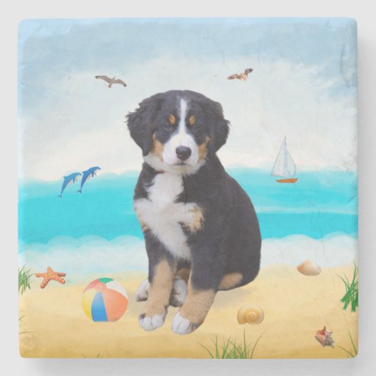 Bernese Mountain Dog over Beach Stenen Onderzetter (Voorkant)