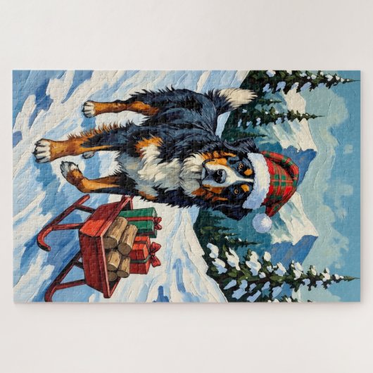 Bernese Mountain Dog Pulling Christmas Sled Hat Legpuzzel (Horizontaal)