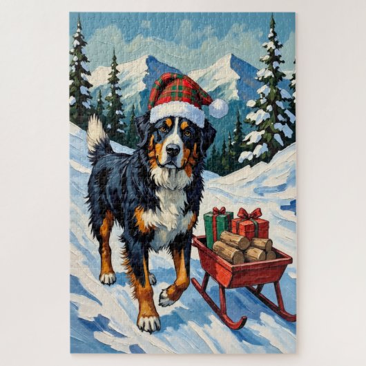 Bernese Mountain Dog Pulling Christmas Sled Hat Legpuzzel (Verticaal)
