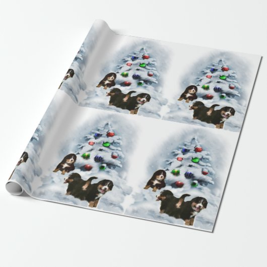 Bernese Mountain Dog Puppies Kerstmis Cadeaupapier (Uitgerold)