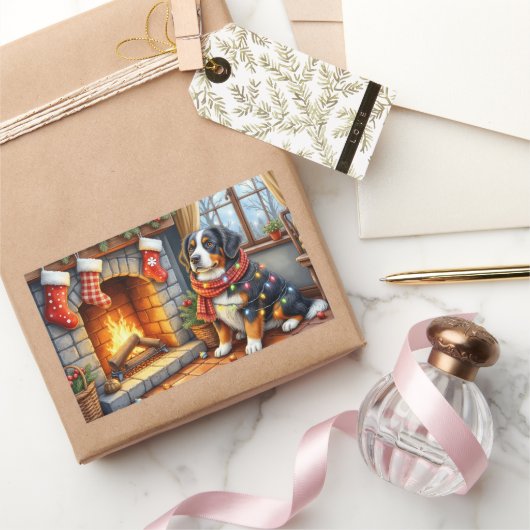 Bernese Mountain Fireplace with Christmas Lights Rechthoekige Sticker (Geschenken)