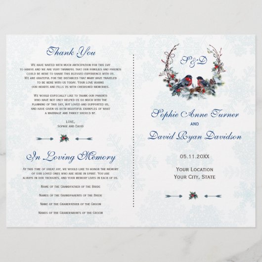 Berries d'hiver Bullfinch Wreath Wedding Programme (Devant)