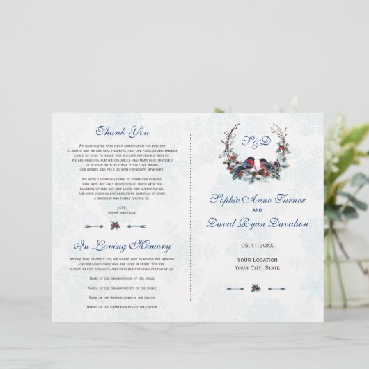 Berries d'hiver Bullfinch Wreath Wedding Programme (Debout devant)