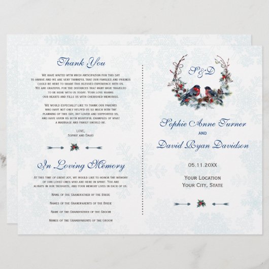 Berries d'hiver Bullfinch Wreath Wedding Programme (Devant / Derrière)