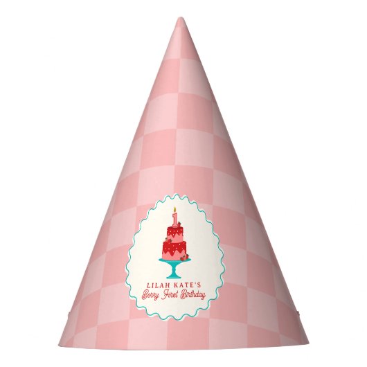 Berry 1e verjaardag Aardbeienmand Checkerboard Feesthoedjes (Voorkant)