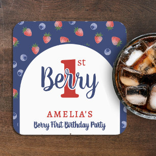 Berry 1e Verjaardagsfeest Aardbei Blauw Blauw Vierkante Kartonnen Onderzetter