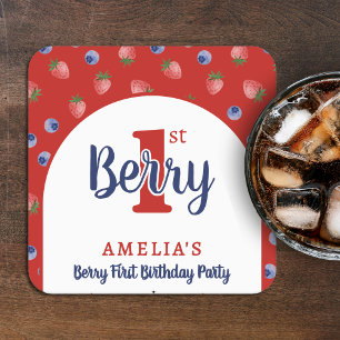 Berry 1e verjaardagsfeest Aardbei Blueberry Red Vierkante Kartonnen Onderzetter
