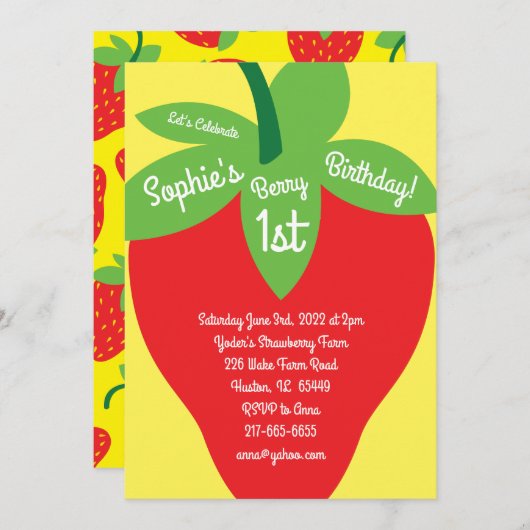 Berry 1er Anniversaire Mod Strawberry Invitations (Devant / Derrière)