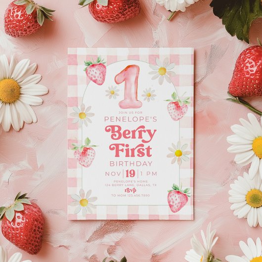 Berry 1st Birthday Strawberry Invitation Kaart