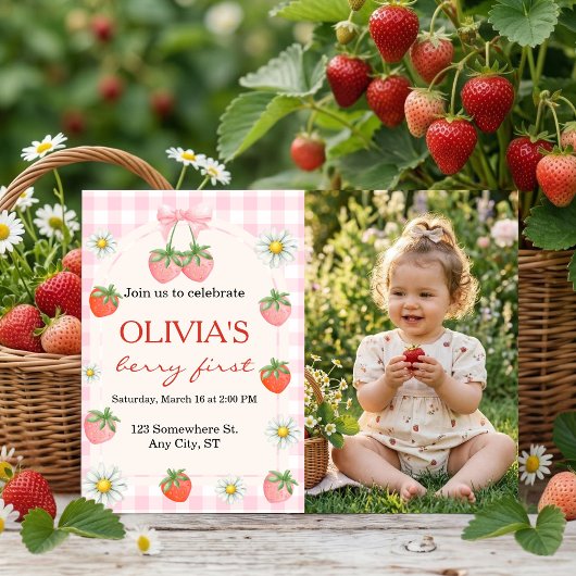 Berry 1st Birthday Strawberry Photo Invitation