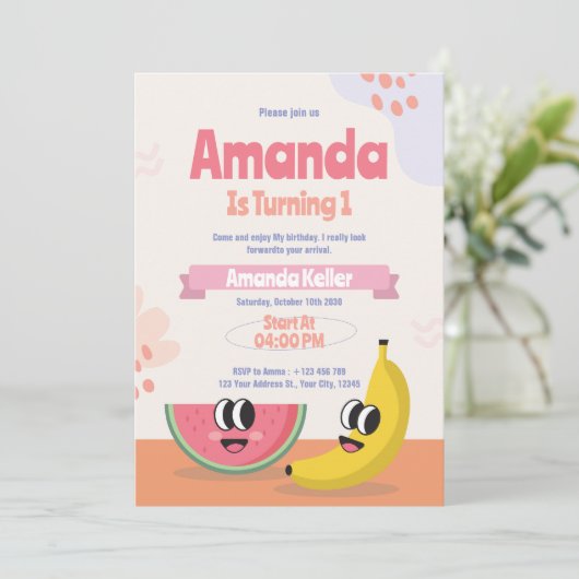 Berry & Banana eerste verjaardag uitnodiging (Staand voorkant)