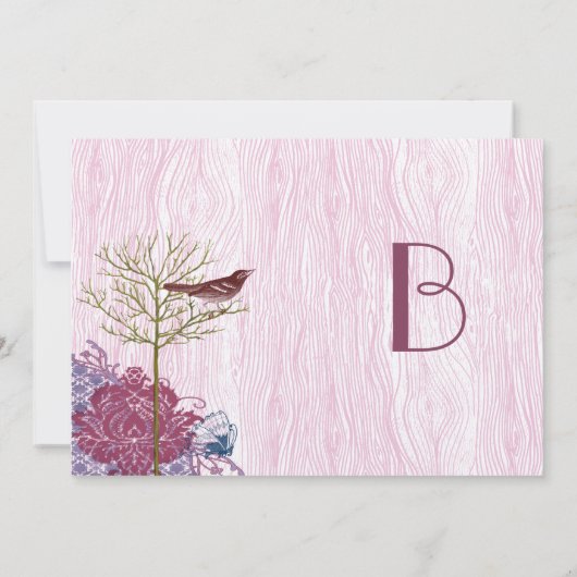 Berry Bird op WoodGrain Wedding Invitation Kaart (Achterkant)