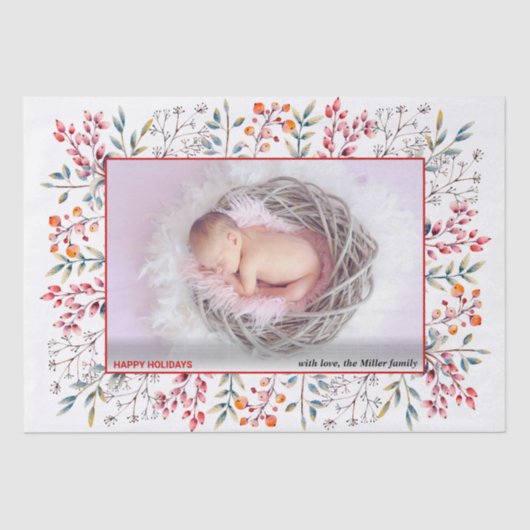 Berry, bladrood Prettige feestdagen kerstfoto Tissuepapier (Voorkant)