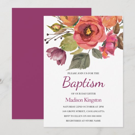Berry Bliss Herfst Flowers Baptism Invite Kaart (Voorkant / Achterkant)