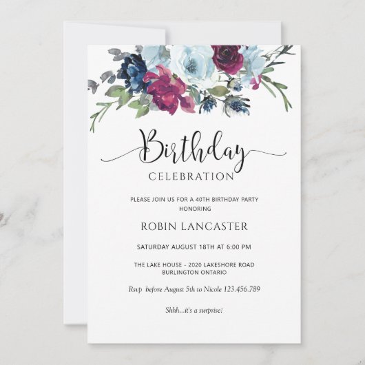 Berry, Blue, Bourgogne Floral Invitation d'anniver (Devant)