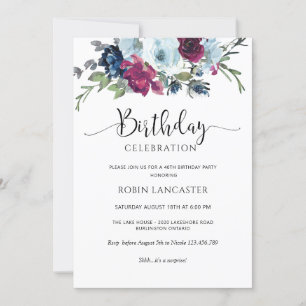 Berry, Blue, Bourgogne Floral Invitation d'anniver