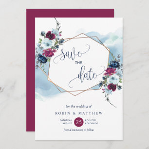 Berry, Bourgogne en Blauwe Floral, Elegant Wedding Save The Date