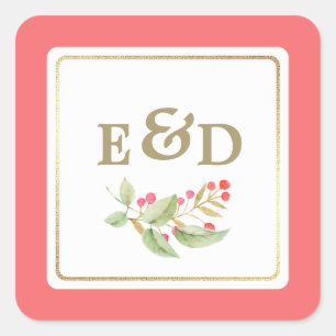 Berry Branch   Roze koraalmonogram bruiloft Vierkante Sticker