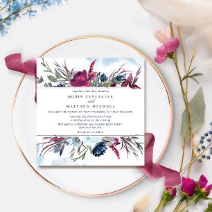 Berry Burgundy and Blue Floral Square Wedding Inv Kaart