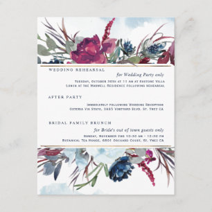 Berry Burgundy Blue Floral Wedding Details Informatiekaartje
